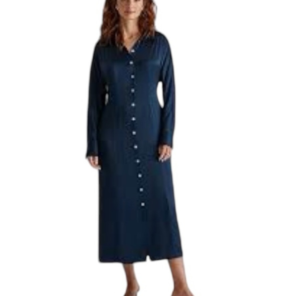 MADEWELL Satin Button Front Midi Shirt Dress Size 12 in Classic Indigo Blue